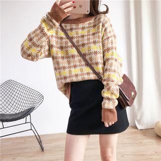 Loose-fit England-plaid Knit Sweater Khaki - One Size
