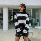 Distressed Striped Wool Blend Boxy Sweater Black - One Size
