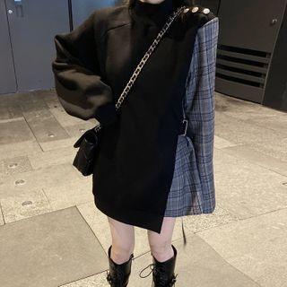 Plaid Panel Mock Turtleneck Pullover