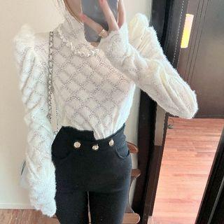 Puff-sleeve Mock Neck Beaded Detail Pattern Top