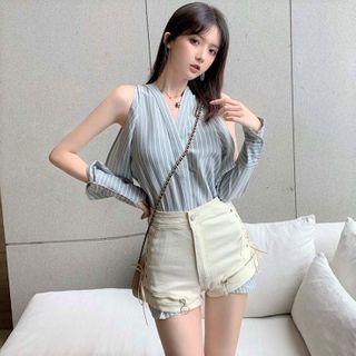 Long-sleeve Cold-shoulder Striped Shirt / Denim Hot Pants