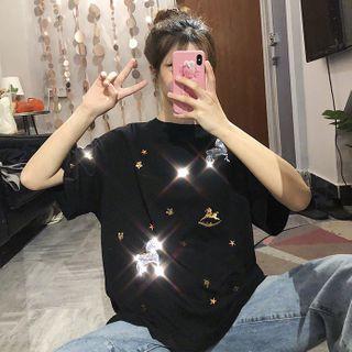 Glitter Embroidered Elbow-sleeve T-shirt