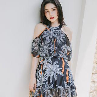 Cape-sleeve Floral Swim Dress