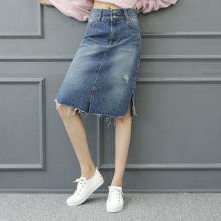 Fray-hem Denim H-line Skirt