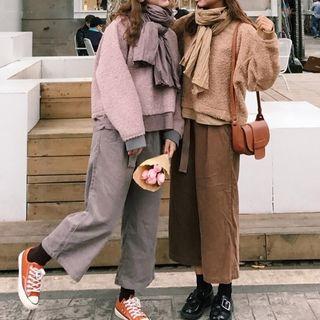Furry Sweatshirt With Scarf/ Corduroy Wide-leg Cropped Pants