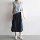 Fray-hem Linen A-line Midi Skirt