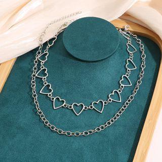 Set Of 2: Alloy Heart Necklace Silver - One Size