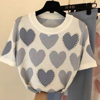 Set: Short Sleeve Heart Knit Top + Drawstring Harem Pants