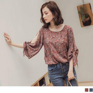 Tie-sleeve Cutout Floral Blouse