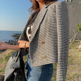 Woolen Houndstooth Crop Blazer Black - One Size