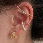 Set Of 4 : Faux Pearl Cuff Earring / Alloy Cuff Earring / Alloy Open Hoop Earring