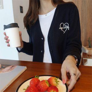 V-neck Lettering Heart Embroidered Cardigan