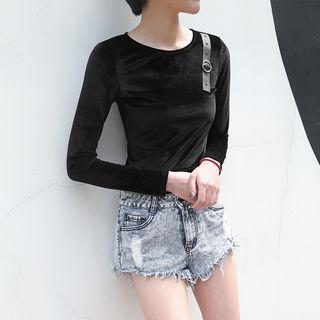 Buckle Detail Long Sleeve Velvet T-shirt