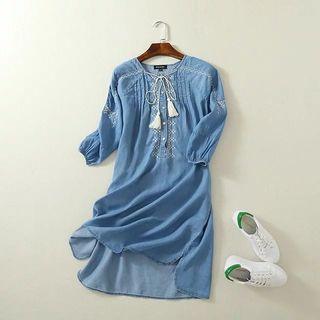Embroidered 3/4-sleeve Denim Dress