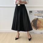 Accordion-pleat Long Pleather Skirt Black - One Size