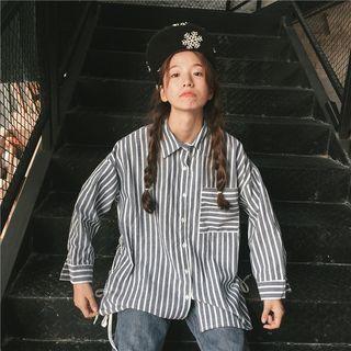 Single-breasted Long-sleeved Pocketed Striped Long Blouse