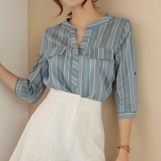 Open-placket Flap-detail Stripe Top