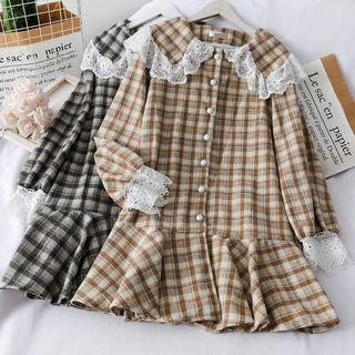 Lace-panel Checker Mini Dress