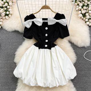 Bow Detail Color Block A-line Dress