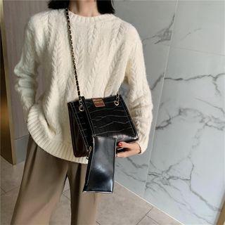 Set: Faux Croc Grain Shoulder Bag + Pouch