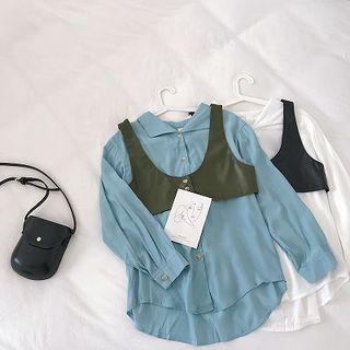 Set: Long-sleeve Plain Shirt + Button Vest