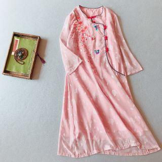Long-sleeve Mandarin Collar Floral Print Midi A-line Dress