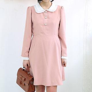 Puff-shoulder Faux-pearl Button Shirtdress