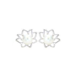 Sterling Silver Fashion Elegant Hollow Flower White Freshwater Pearl Stud Earrings Silver - One Size