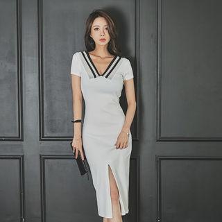 Contrast-trim V-neck Long Bodycon Dress