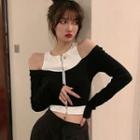 Long-sleeve Cold-shoulder Cropped T-shirt Black & White - One Size