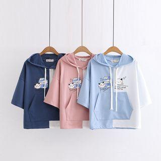 Cartoon Print Two-tone Hooded Short-sleeve T-shirt