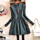 Long-sleeve Stand Collar Dotted A-line Dress