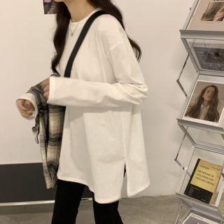 Round-neck Split Plain Long-sleeve Top