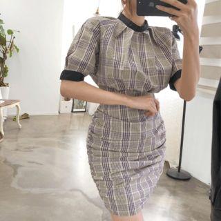 Puff-sleeve Shirred Plaid Bodycon Dress