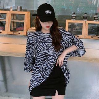 Zebra Print Elbow-sleeve T-shirt Gray - One Size