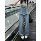 High-waist Frayed Mock Two-piece Jeans