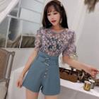 Lace Short-sleeve Top / High Waist Suspender Shorts