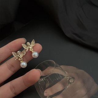 Angle Faux Pearl Drop Earring 1 Pair - 925 Silver - Gold & White - One Size