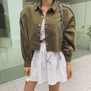 Snap-button Fray-hem Cropped Trucker Jacket
