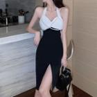 Set: Halter-neck Paneled Midi Sheath Dress + Faux Pearl Necklace