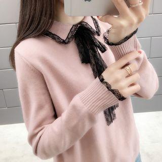 Lace Trim Bow-accent Knit Top