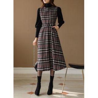 Sleeveless Midi Plaid Dress With Belt