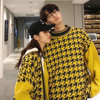 Couple Matching Houndstooth Two-tone Sweater / Open-front Cardigan