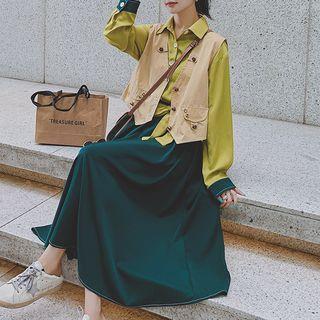 Set: Two-tone Midi Shirtdress + Vest