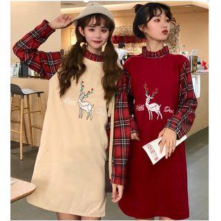 Plaid Panel Embroidered Mini Shift Dress