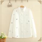 Pocket-front Bow-embroidered Long-sleeve Shirt White - One Size
