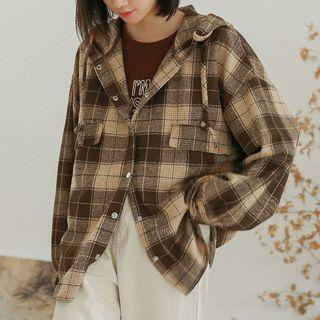 Hood Plaid Shirt Jacket Thicken - Plaid - Khaki - One Size