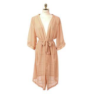 Open-front Dotted Robe Cardigan With Sash