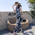 Floral Printed Sleeveless Cutout-back Jumpsuit Blue - One Size