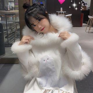 Furry-trim Cat Print Hoodie White - One Size